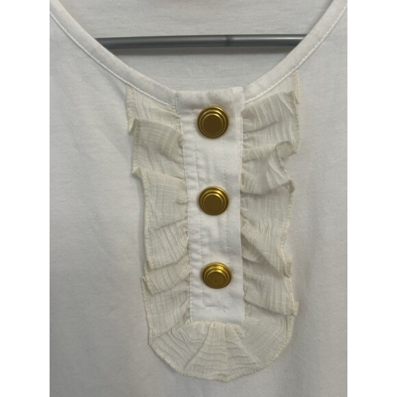 TORY BURCH RUFFLE T SHIRT WHITE SIZE Large Gold Buttons Logo Blouse Top - Picture 2 of 4